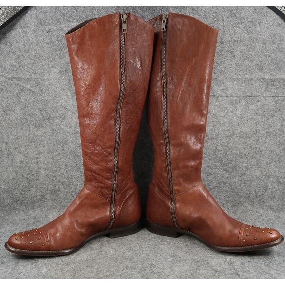 John Fluevog Boots Womens 6 Tall Riding Picnics Brie Brown Leather Studded Toe - Picture 7 of 16